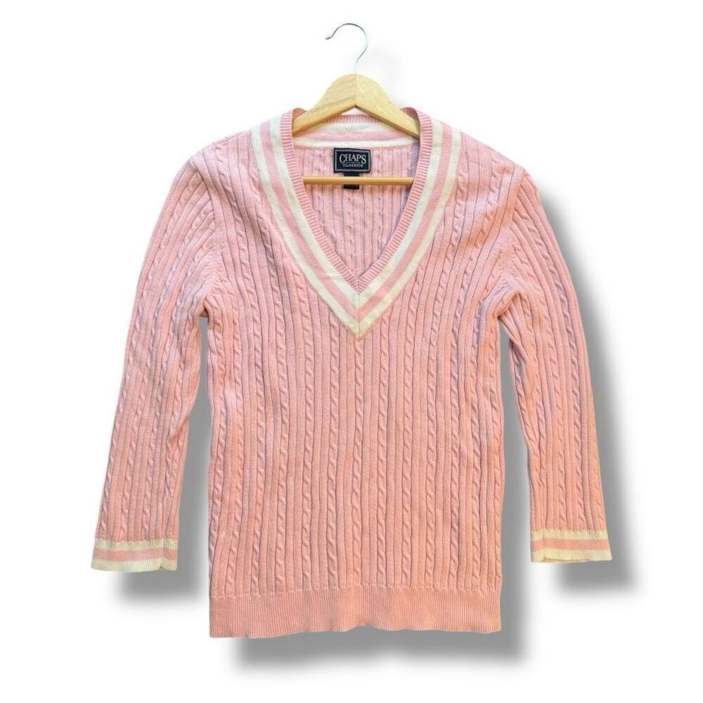 Chaps Women's V-Neck Cable Knit Sweater Pink Size Large Pullover Cotton